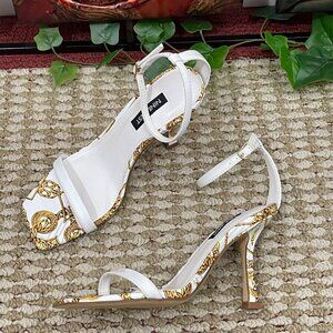 NINE WEST Yess Square Toe Tapered Heel Dress Sandals in White Chain Multi Size 6